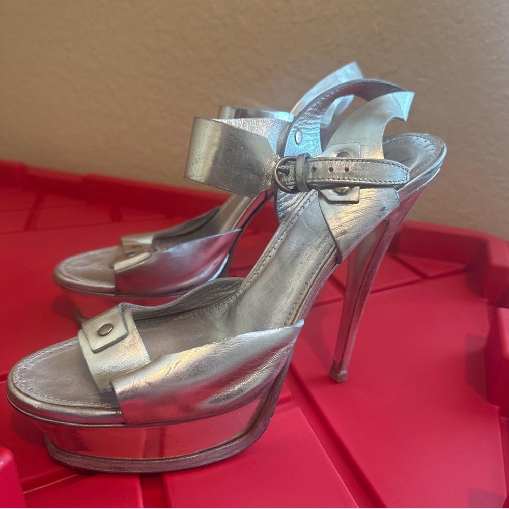 Yves Saint Laurent Metallic Silver Platform Stiletto Sandals
